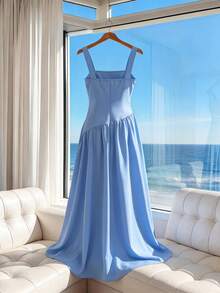 SHEIN Clasi Robe longue sans manches élégante en couleur unie tissée pour femmes grandes tailles, printemps/été - Bleu azur - Voir 2