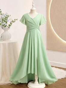 Girls' Elegant Sage Green V-Neck Sleeveless Long Chiffon Dress,Asymmetrical Hem Wedding Guest Summer Bridesmaid Dress For Kids Formal Graduation - Green - View 3