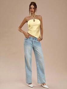 SHEIN BAE Blusa elegante sin espalda con cuello halter en color albaricoque y blanco para mujer, top satinado sexy y elegante, para primavera/verano - Amarillo - Ver 6
