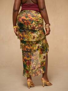SHEIN BAE Plus Size Women's High Waist Asymmetric Tie-Dye Print Skirt,Tropical Animal & Plant Print Chiffon Asymmetrical Layered Ruffle Hem Skirt, Suitable For Vacation, Evening Party, Summer Party, Beach, Brunch, Layered Ruffle Hem Skirt, Patterned Skirt Tropical Skirt Long Floral Skirt Sarong Skirt Tropical Outfits Women Ruffle Skirt,Vacation Outfits Women,Summer Outfits,Beach Outfits For Woman, - Multicolor - View 3