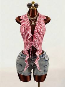 Mistrie 女士格子垂褶系带性感衬衫 - 彩色 - 查看 3