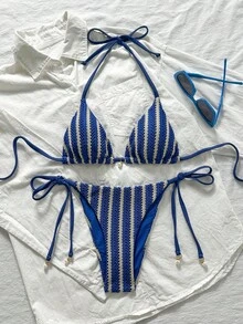 Swim Mod Conjunto de bikini con cuello de halter de tela jacquard y colgante de perla para mujer, para primavera/verano - Multicolor - Ver 3