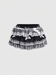 ROMWE Goth Falda estilo Harajuku con estampado de lunares blanco y negro a modo de teclas de piano, talla grande, estilo gótico - Multicolor - Ver 1