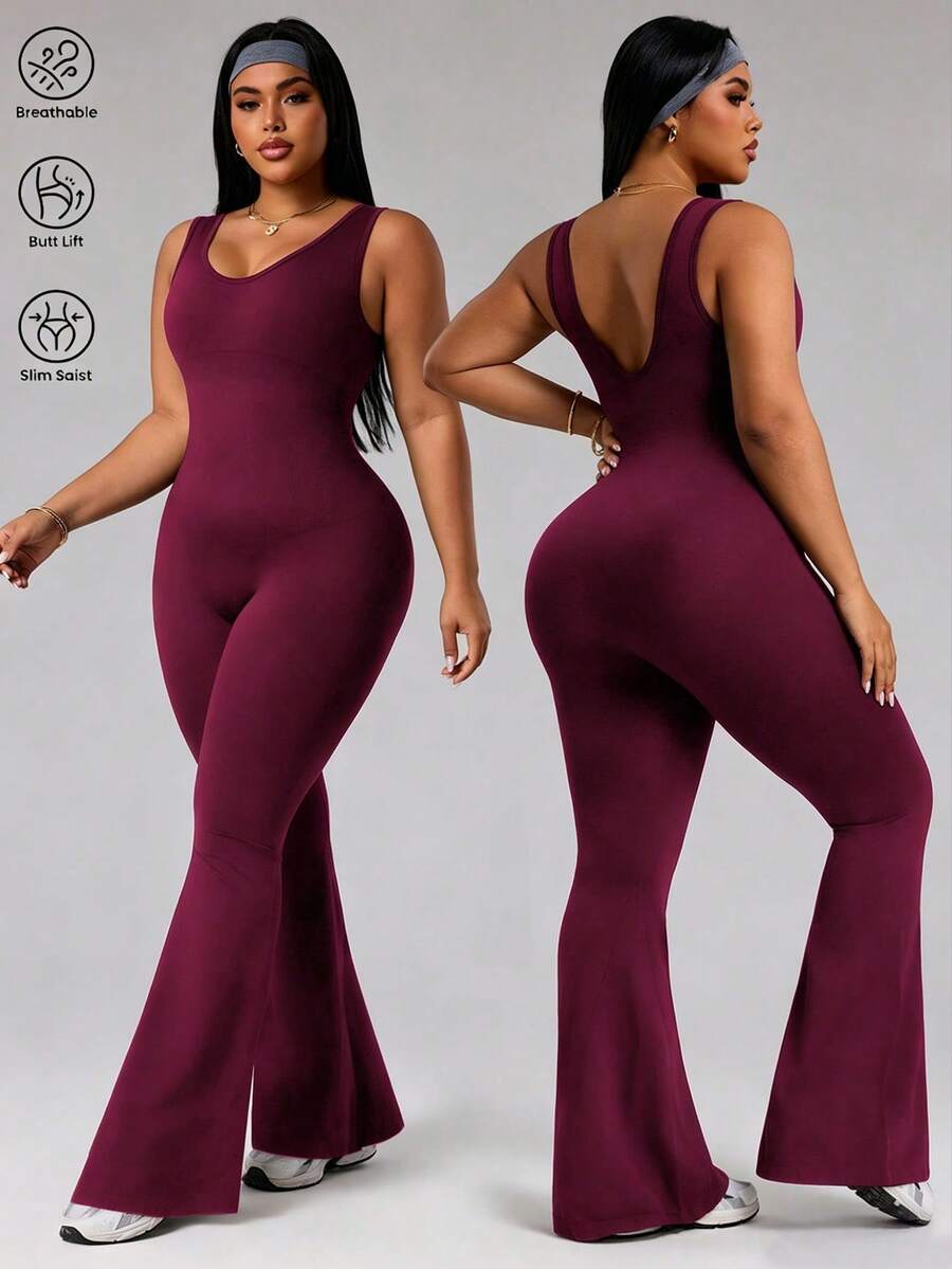 Rhythm Era Plus Size Women Minimalist Solid Color Backless Shapewear Breathable Comfortable Flared Jumpsuit - Purple - View 1
