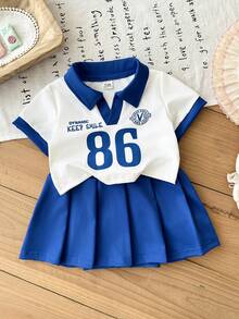 SHEIN 2Pcs Baby Girl Toddler New Born 0-3 Years Old Blue White Stripe Summer Casual College Sporty V-Neck Polo Short Sleeve Tee Shirt Pleated Skirt Set - Blue - View 7