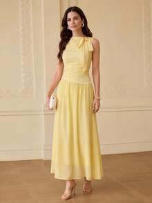 ZEYLAH ROBE ÉLÉGANTE ASYMÉTRIQUE À NŒUD PAPILLON, FLUIDE ET ROMANTIQUE, MI-LONGUE - Jaune citron - Voir 3