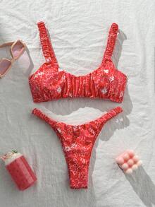 Swim Mod Conjunto de bikini sexy con corte alto y fruncido, estampado aleatorio, para verano - Multicolor - Ver 1
