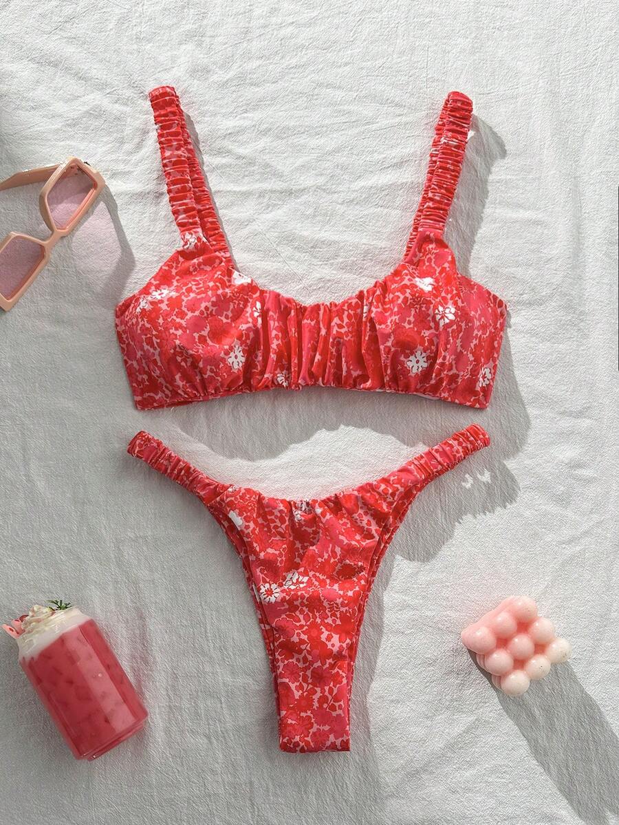 Swim Mod Conjunto de bikini sexy con corte alto y fruncido, estampado aleatorio, para verano - Multicolor - Ver 1
