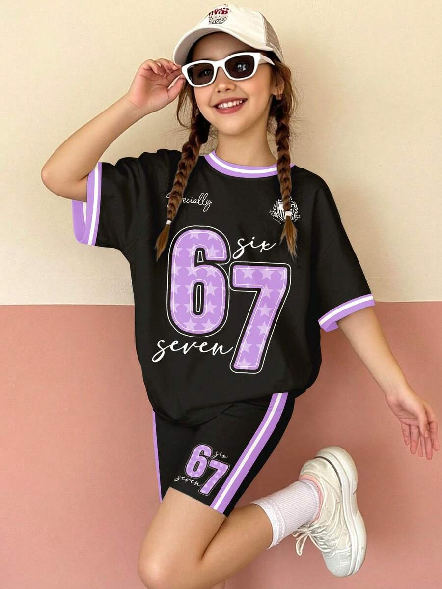 少女休闲简约紫色67印花宽松圆领短袖T恤搭配紧身骑行短裤套装,适合春夏日常穿着、街头风、外出、度假、运动。 - 白色 - 查看 1