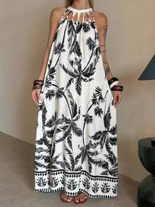 DAZY Rochie de plajă lejeră, cu model A, casual, cu scobituri, stil de vacanță, imprimeu francez albastru, lungime lungă, rochii de primăvară și vară pentru femei - Alb-negru - Vizualizare 5