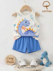 Cozy Pixies 男童卡通恐龙图案针织柔软圆领无袖背心和松紧腰短裤两件套 - 彩色 - 查看 1