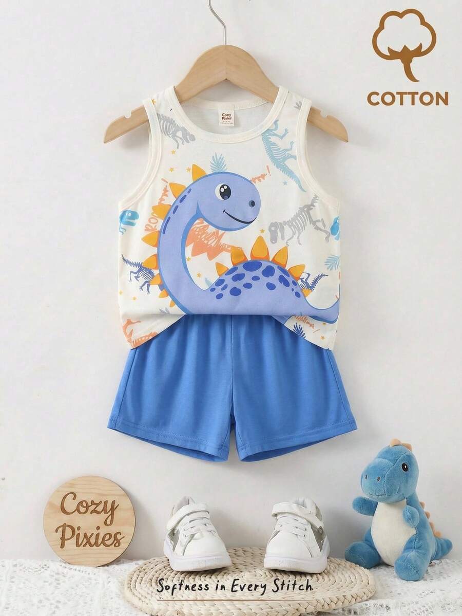 Cozy Pixies 男童卡通恐龙图案针织柔软圆领无袖背心和松紧腰短裤两件套 - 彩色 - 查看 1