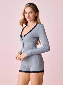 Lace Trim Button Front Sleep Romper, Fall, Winter - Dark Grey - View 5