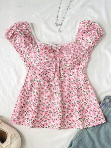 Tween Girls Floral Lace Trim Shirred Printed Blouse, Casual Vacation French Short Sleeve Shirt - Pink - View 3