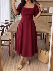 GlowEve CURVE Plus Size Women's Solid Color Square Neck Ruffle Short Sleeve Elegant Dress - Red - View 5