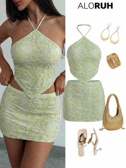 Aloruh Sequin Sexy Halter Backless Crop Top + Low Waist Mini Skirt, For Party & Music Festival