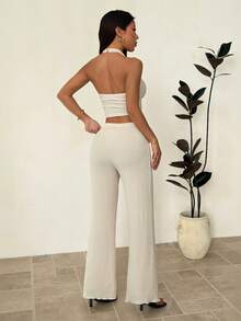 SHEIN PETITE Conjunto de top halter y pantalones para mujer de verano - Albaricoque - Ver 2