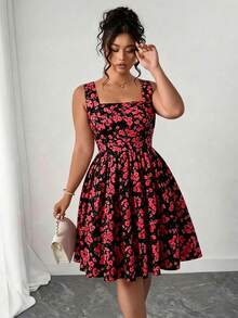 Elenzga Abito da donna taglie forti con scollo ampio a balze, stampa floreale a rose, adatto per vacanze romantiche e primavera, ideale per San Valentino - nero - Visualizzare 1