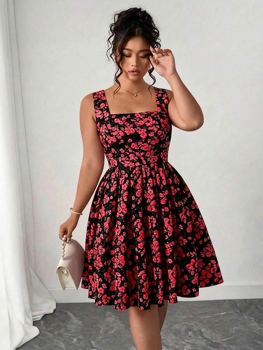 Elenzga Abito da donna taglie forti con scollo ampio a balze, stampa floreale a rose, adatto per vacanze romantiche e primavera, ideale per San Valentino - nero - Visualizzare 1
