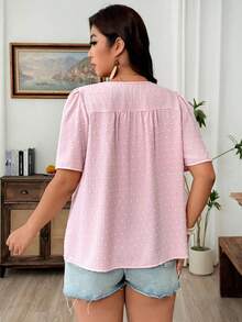 Weeklong Plus Size Women's New Elegant Casual Swiss Dot Textured Lace Trim Round Neck Puff Sleeve A-Line Blouse - Baby Pink - View 2