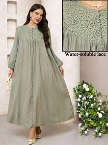 Veilorie Plus Size Women Elegant Solid Color Long Sleeve Arabic Style Dress - Green - View 1