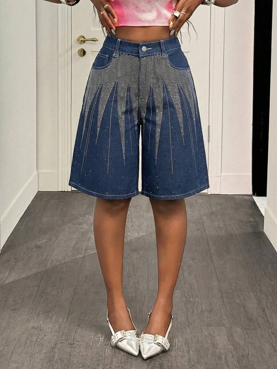 Slaydiva Quần short denim nữ dáng rộng, đính đá lấp lánh, có túi khóa kéo. - Hồng - Xem 1