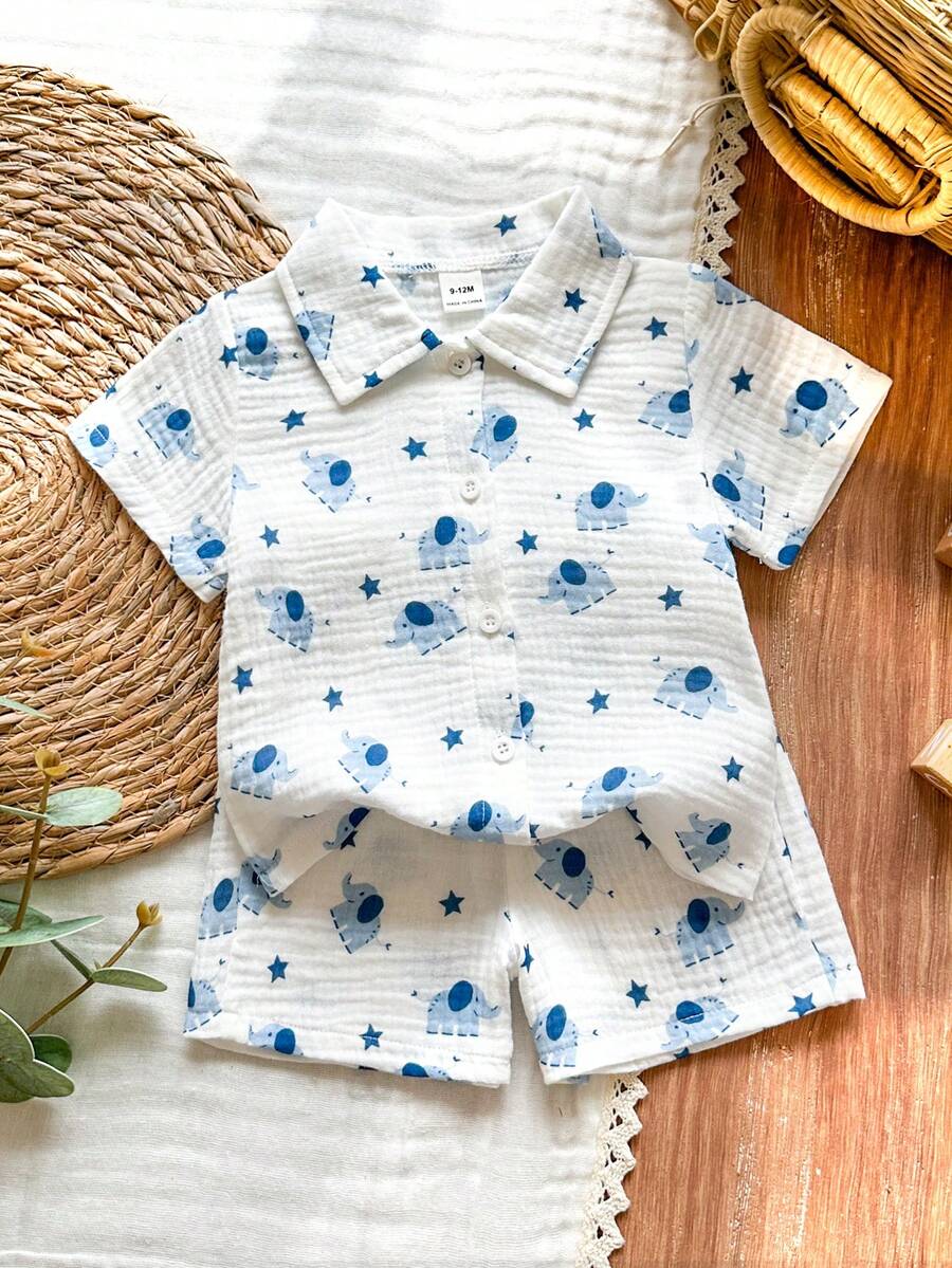 SHEIN Vintaside Kids 男婴夏季休闲度假及日常穿着大象星星印花短袖衬衫短裤套装 - 藍色 - 查看 1