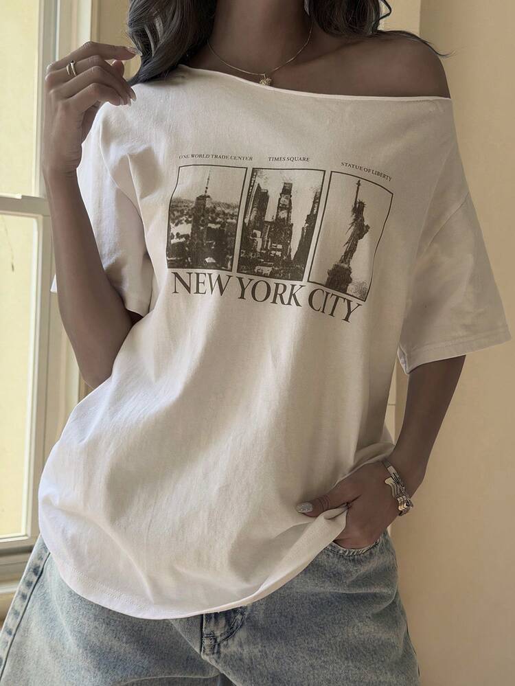 Teen Girls' Casual Letter & Architecture Print Asymmetric Neck Short Sleeve T-Shirt, Summer