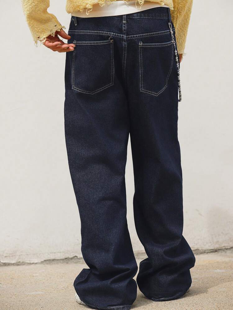 Washed Navy Blue Blue Men's Jeans With Pocket Patchwork Design, Button Closure, Long Length