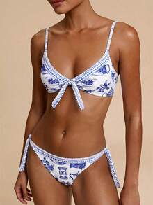 SHEIN TRVLCHIC 女士夏季度假海滩前系带细肩带印花比基尼套装 - 彩色 - 查看 5