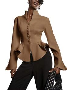 LYSMO Blazer Wanita Bergaya Elegan Warna Polos Kancing Tunggal - Unta - View 5