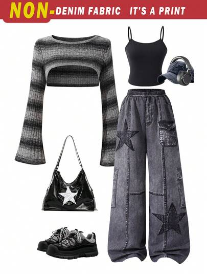 SHEIN 3 件套青少年女孩渐变条纹喇叭袖罩衫、纯色吊带背心和做旧星星印花阔腿牛仔裤，复古别致街头风格
