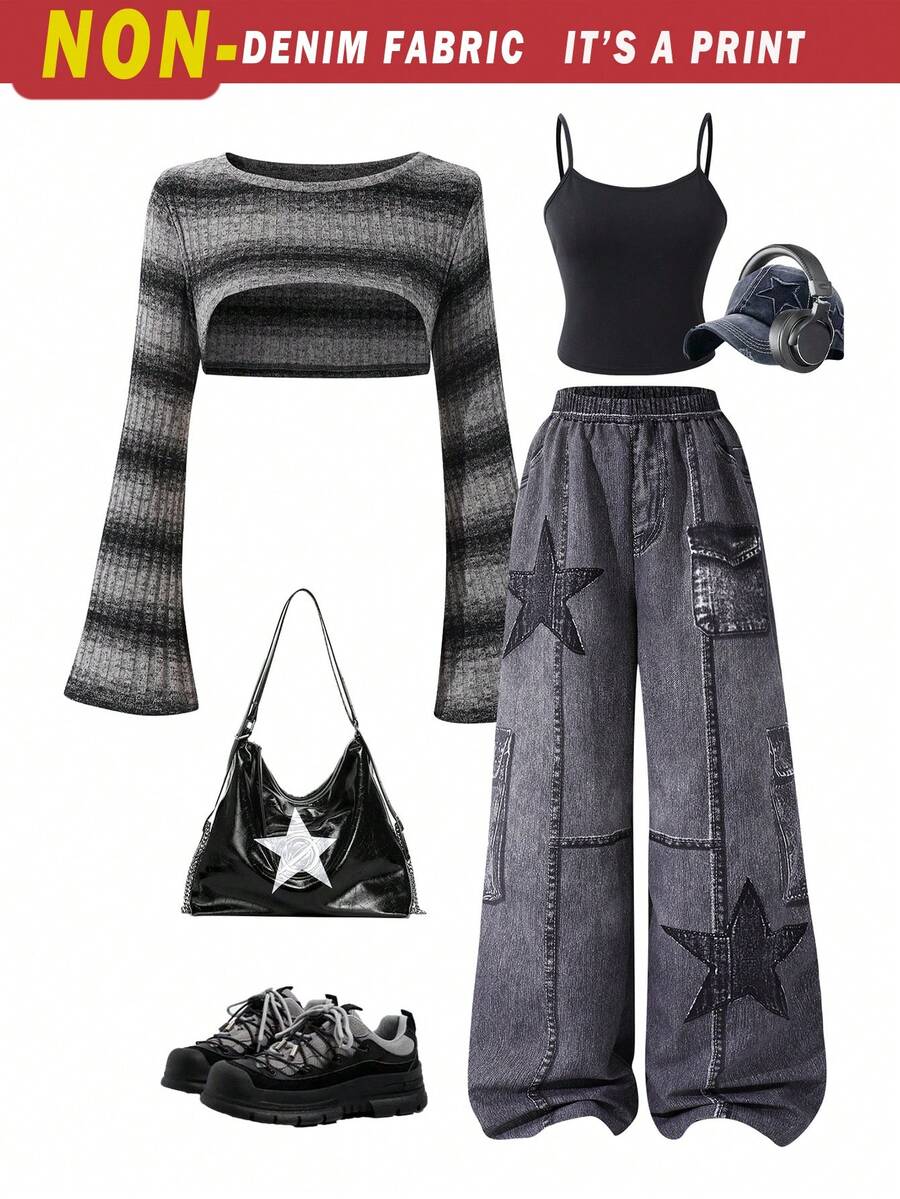 SHEIN 3 Stücke/Set für Teenager Mädchen: Farbverlauf gestreifter Fledermausärmel Cover-Up, einfarbiges Trägertop und Jeans mit Sternendruck und Destroyed-Effekt, Retro-Chic Straßen-Stil - Schwarz - Übersicht 1