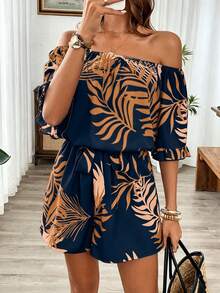 Breezaya Hawaiian Style Ruffled Off-Shoulder Romper - Multicolor - View 5