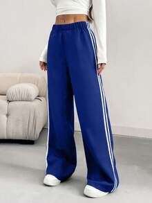 SHEIN Women's Casual Striped Patchwork Side Slit Wide Leg Pants, Spring/Summer - Blue - View 6