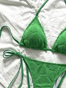 Swim Mod 女士提花面料挂脖比基尼套装，适合春夏度假穿着 - 綠色 - 查看 7
