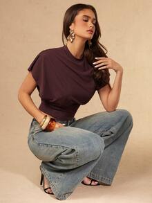 SHEIN x Luisa Sonza Silquee 女士纯色圆领蝙蝠袖短袖露脐上衣 - 咖啡棕 - 查看 7