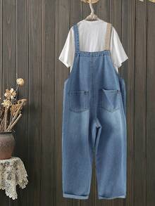 EMERY ROSE Mature Denim 女士休闲时尚街头风日常通勤双色拼接口袋宽松牛仔连体裤 - 中等水洗藍 - 查看 2