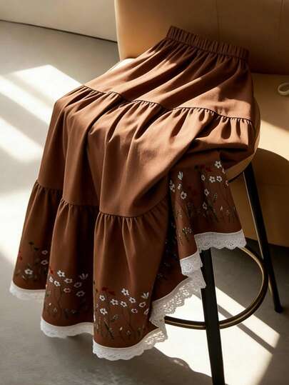 GlowEve CURVE Plus Size Women's Vintage Elegant Ditsy Floral Pleated A-Line Skirt, Retro Music Festival Casual Embroidered Floral Patchwork Contrast Color Soft Fabric Summer Vacation Skirt, Suitable For Graduation, Holidays, Valentine's Day, Music Festivals, Mother's Day, Halloween, Thanksgiving, Easter, National Day, Dances, Dates, Parties, Weddings, Outings Brown Summer Skirt Boho Skirts For Women Western Outfits For Women Skirt Dresses For Woman Skirt Women's Skirts