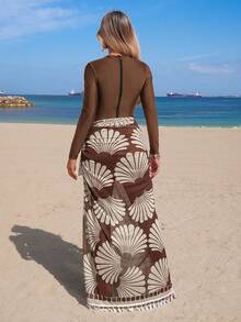 Swim Mulvari 26SS 春夏度假海滩高端优雅保守波西米亚风两件套比基尼泳衣套装（含裙装） - 棕色 - 查看 3