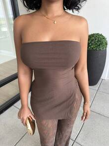 Alexandranx Bộ đồ ren đen 2 mảnh gợi cảm và thanh lịch dành cho nữ, gồm áo bandeau gân dày và quần ống loe ren, vải co giãn cao ôm sát cơ thể, thích hợp cho các buổi hẹn hò, tụ tập, tiệc tùng, câu lạc bộ, cuộc sống về đêm - màu nâu - Xem 3