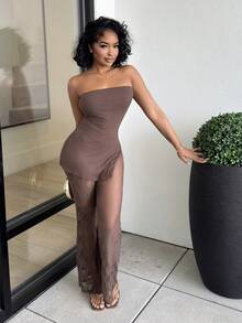 Alexandranx Bộ đồ ren đen 2 mảnh gợi cảm và thanh lịch dành cho nữ, gồm áo bandeau gân dày và quần ống loe ren, vải co giãn cao ôm sát cơ thể, thích hợp cho các buổi hẹn hò, tụ tập, tiệc tùng, câu lạc bộ, cuộc sống về đêm - màu nâu - Xem 6