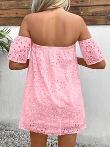 Glamine Gaun Pendek Mini Wanita Warna Polos Musim Panas dengan Bahu Terbuka dan Pola Bordir Berongga, Pakaian Liburan Pantai, Warna Pink Muda Gaya Boho - Berwarna merah muda - View 2
