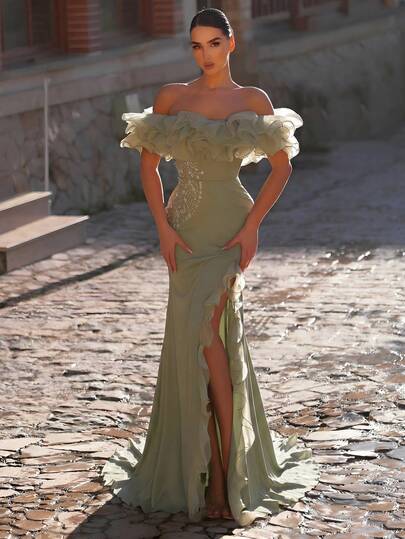 Aureia Elegant Luxury Open Shoulder Design Off Shoulder Fishbone Corset Splicing Chiffon Multi-Layered Ruffle Hem Slit Maxi Dress, Suitable For Festivals, Weddings, Galas, Concerts, Business Events, Social Media Influencer Occasions