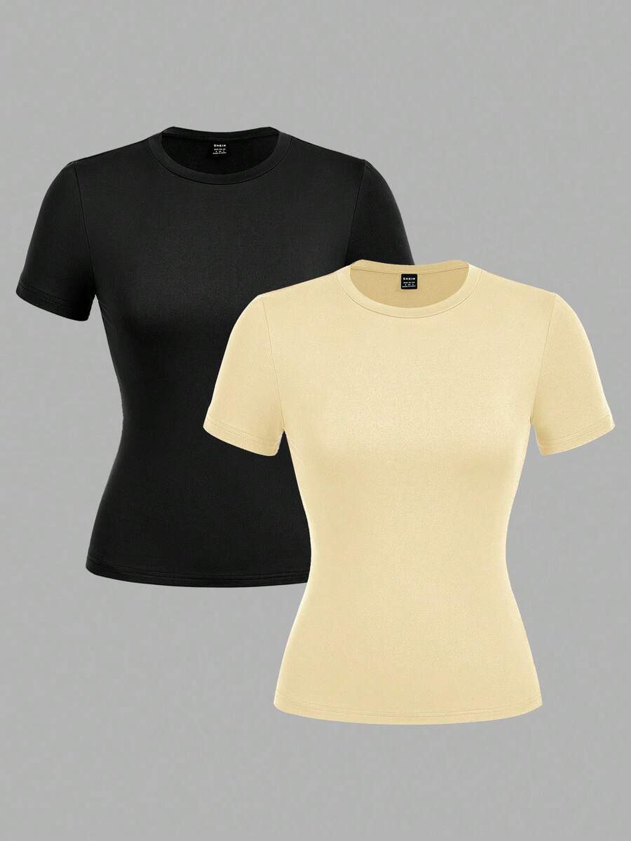 SHEIN EZwear 2pcs/Set Casual Minimalist Basic Round Neck Short Sleeve Undershirt, Suitable For Spring And Summer,Summer Top - Multicolor - View 1