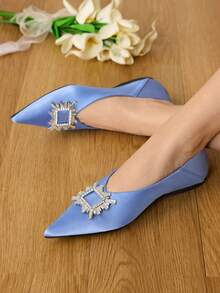 CUCCOO HITCHD Zapatos de mujer elegantes, de suela blanda, con puntera puntiaguda, escote bajo, hebilla cuadrada con rhinestones, suela plana, cómodos y versátiles de color azul - Azul - Ver 2