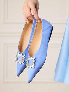 CUCCOO HITCHD Zapatos de mujer elegantes, de suela blanda, con puntera puntiaguda, escote bajo, hebilla cuadrada con rhinestones, suela plana, cómodos y versátiles de color azul - Azul - Ver 7
