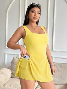 Solflare Mono sin mangas de un solo color con bolsillos para mujer de talla grande, conjunto de una pieza en amarillo pálido - amarillo ganso - Ver 4