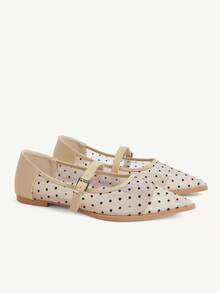 CUCCOO CHICEST Giày nữ kiểu retro chấm bi lưới mũi nhọn có khóa cài, giày bệt dự tiệc, giày công sở - Màu be - Xem 2