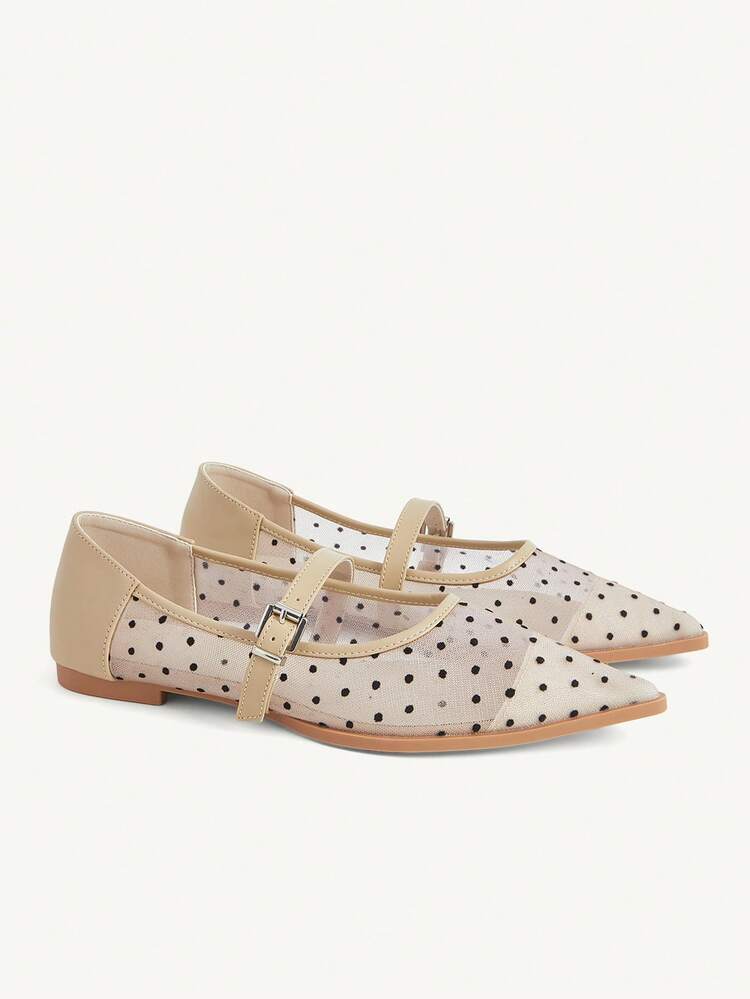 CUCCOO CHICEST Women Shoes Women's Retro Polka Dot Mesh Pointed Buckle Fairy Attendance Wear Flat Shoes